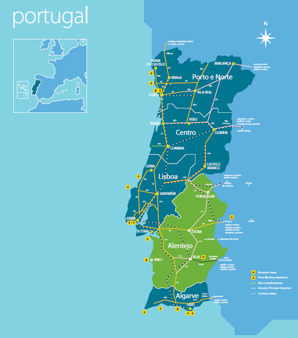 Mapa de Alentejo, Portugal.