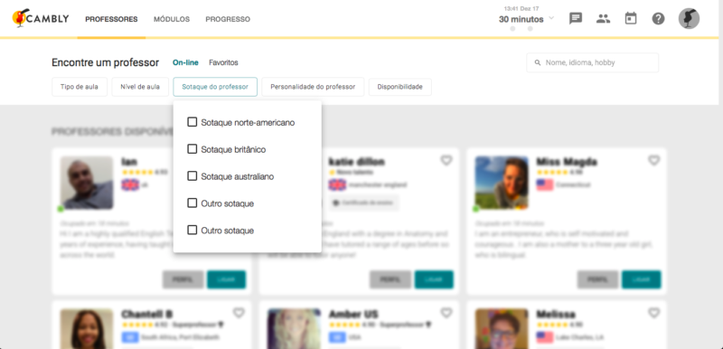 Dá pra filtrar bem o tipo de aula que a gente quer ter, escolhendo inclusive o sotaque